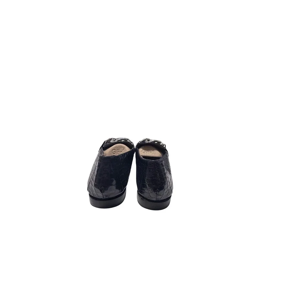 Donald Pliner Navy Blue Croc Embossed Patent Leather Chain Loafers Square Toe